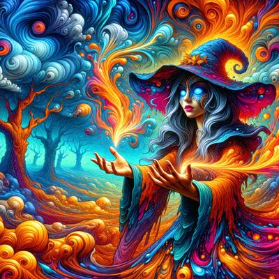 The primary subject of the image is a woman wearing a witch's hat, standing in a field with trees in the background. She appears to be holding a glowing ball, possibly a magical or mystical object. The visual style of the image is digital art, with vibrant colors and a whimsical atmosphere. The woman's outfit and the glowing ball suggest a fantastical or supernatural theme.